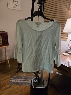 Christopher & Banks Light Blue/Teal Crochet-Trim Scoop Neck Top